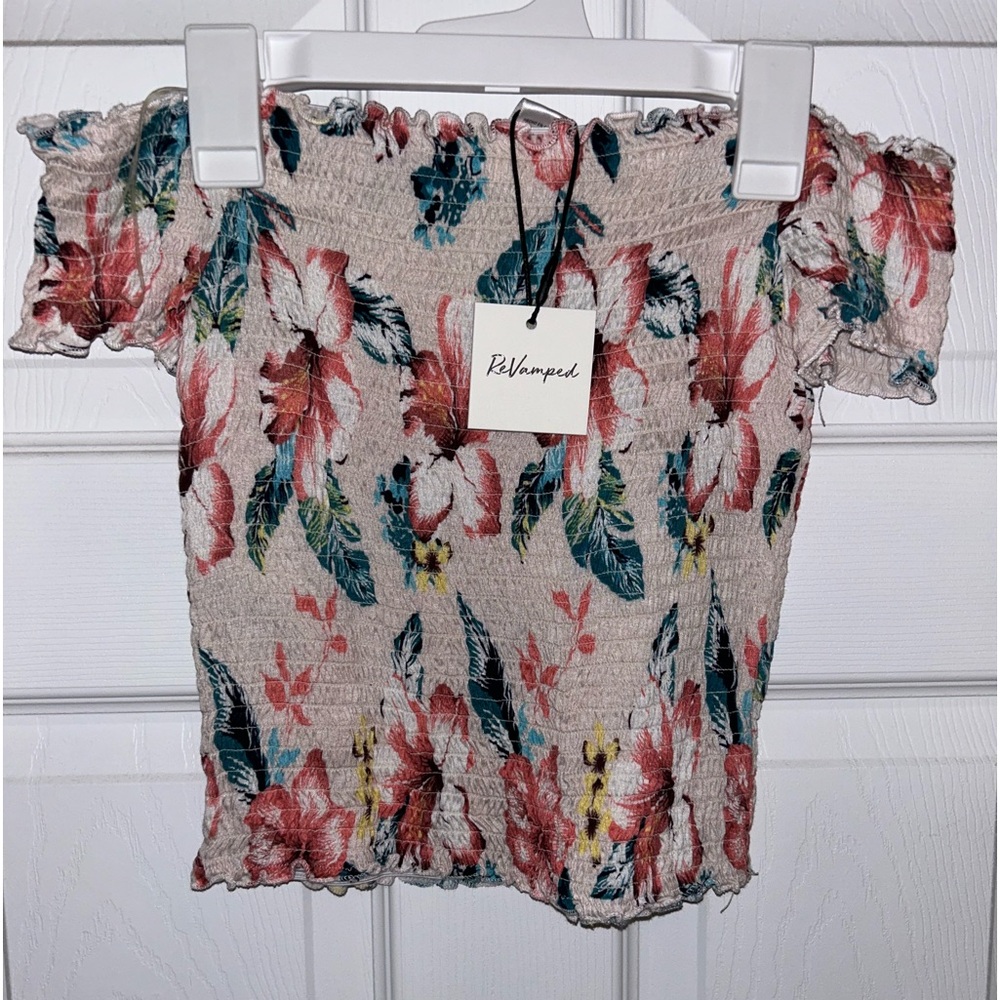 Revamped Smocked Off the Shoulder Pink with Flowers Size XS Crop Top